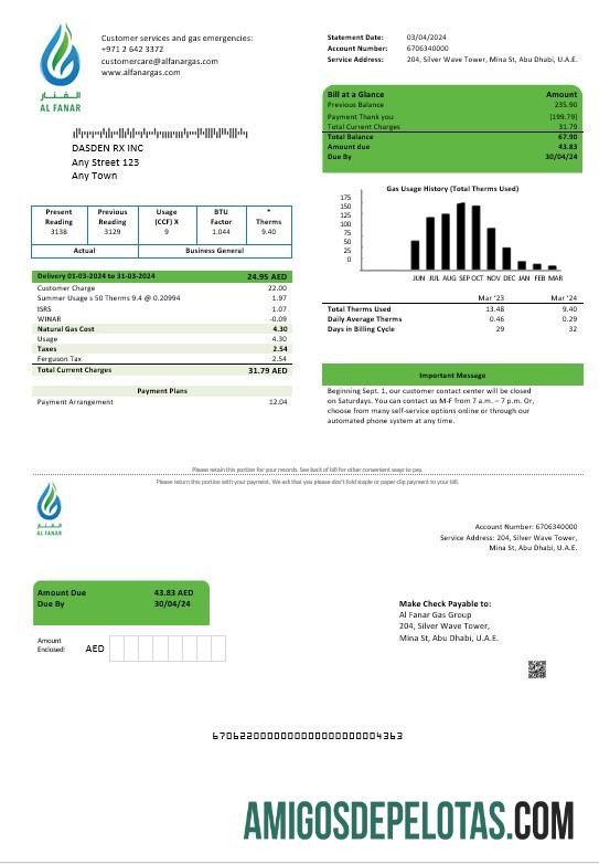 imprimível Modelo de conta de serviços públicos do Grupo Al Fanar Gas dos Emirados Árabes Unidos em formatos Word e PDF